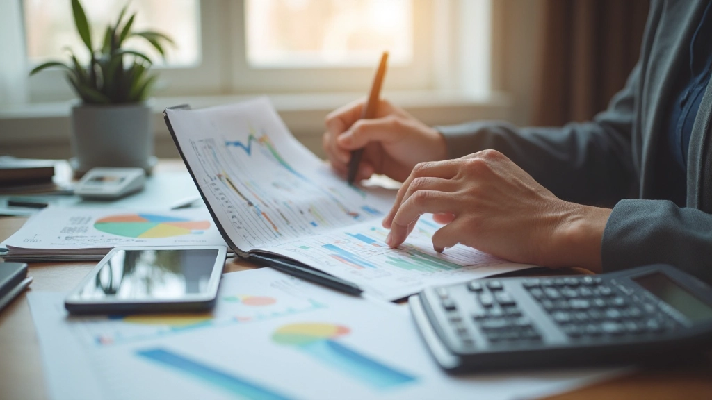 Человек заполняет таблицу расходов, рассчитывает бюджет с помощью калькулятора