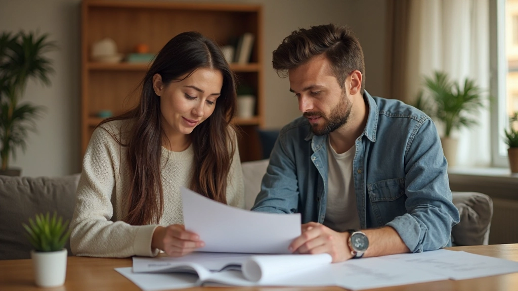 Семейная пара планирует будущее, изучая документы и расчёты на столе с кофе и ноутбуком