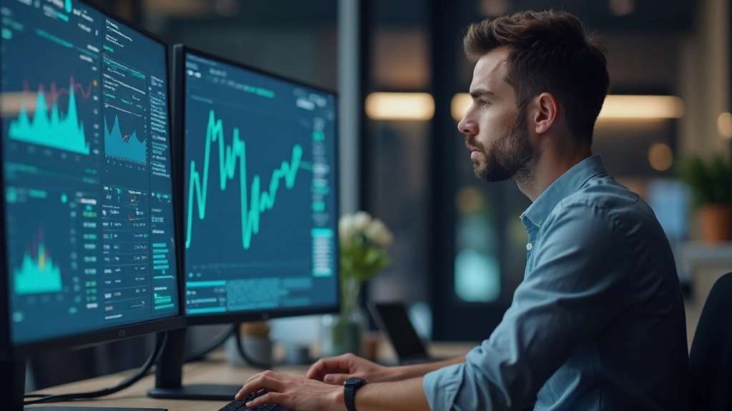Аналитик работает с большими данными финансовых показателей на мониторе компьютера