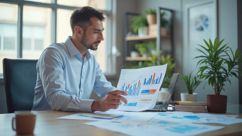 Профессиональный финансовый консультант работает с аналитическими таблицами и графиками на рабочем столе