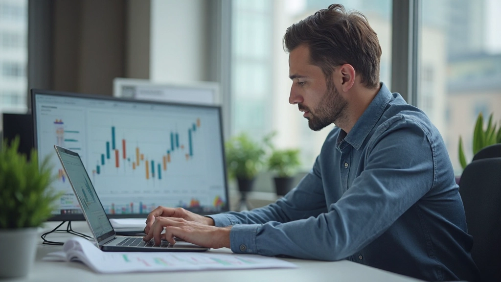 Аналитик работает с финансовыми данными и графиками инвестиций на современном рабочем столе