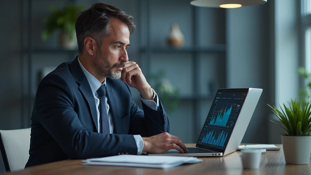 Инвестор рассматривает портфель акций и облигаций на ноутбуке