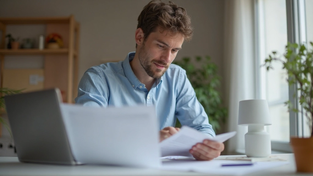 Молодой человек проверяет счета и квитанции за различные услуги и покупки
