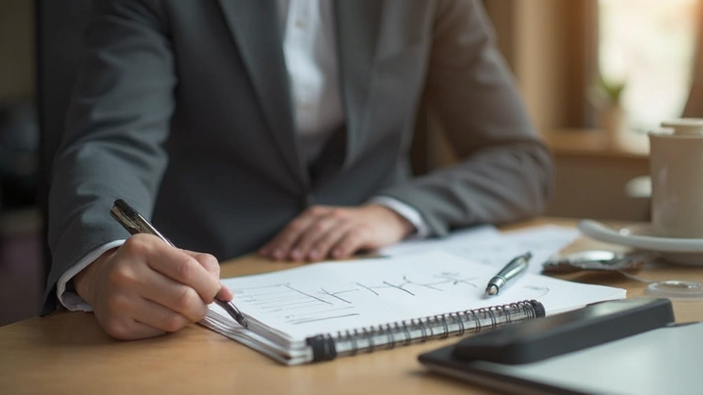 Человек планирует бюджет и записывает финансовые цели в планировщик